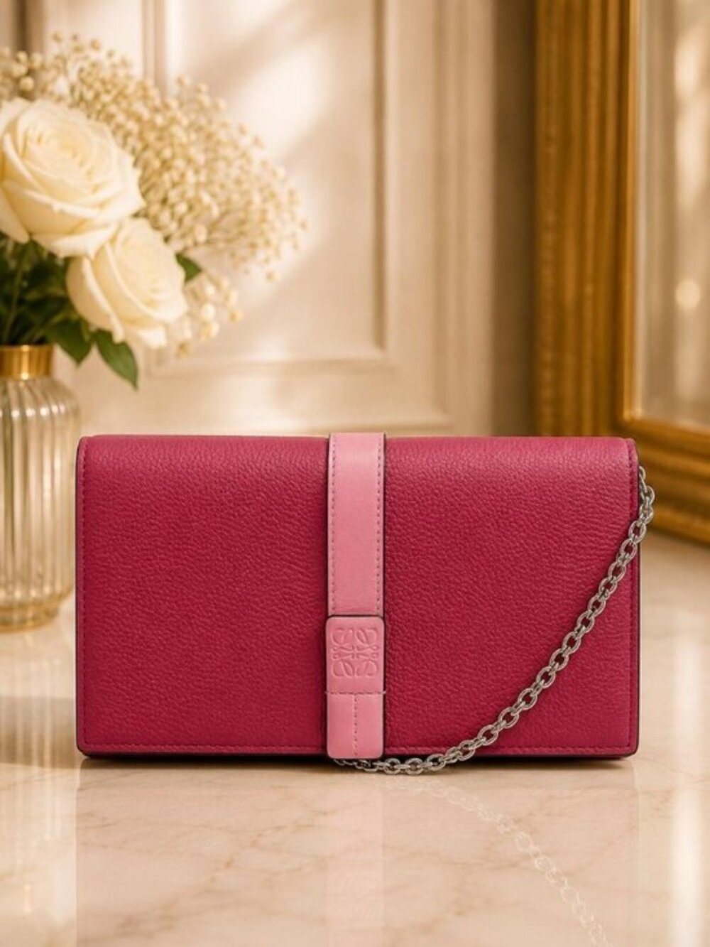 Authentic Loewe Pink Leather Chain Wallet Clutch Crossbody Bag Long Wallet